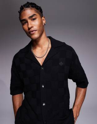 The Couture Club The Couture Club co-ord knitted checkerboard shirt in black