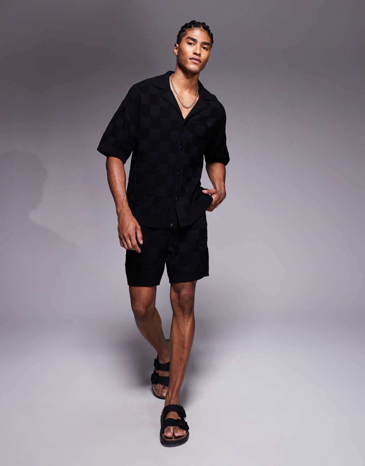The Couture Club co-ord knitted checkerboard shorts in black