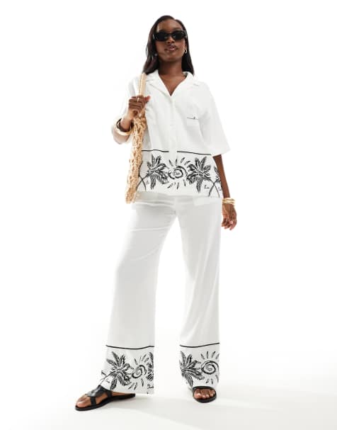 The Couture Club co-ord palm print embroidery wide leg trousers in white - view 1