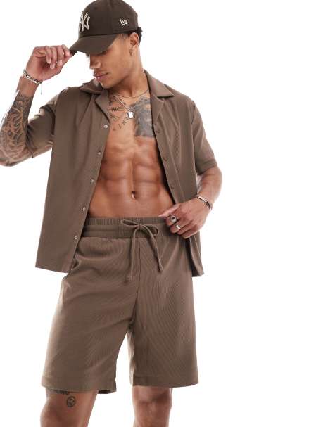 The Couture Club co-ord rib textured short sleeve shirt in brown - view 1