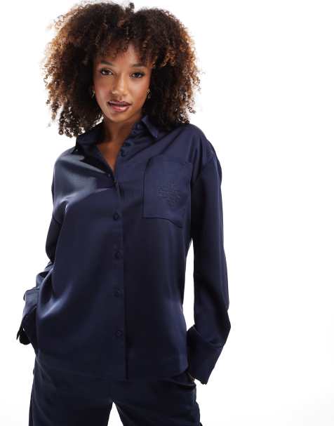 The Couture Club co-ord satin emblem shirt in navy - view 1