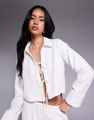The Couture Club The Couture Club co-ord woven tie front shirt in beige-Neutral
