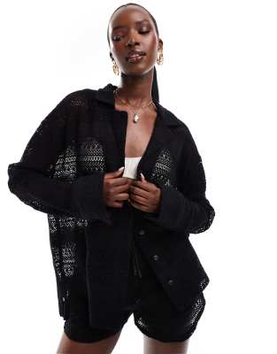 The Couture Club Crochet Textured Shirt In Black - Part Of A Set
