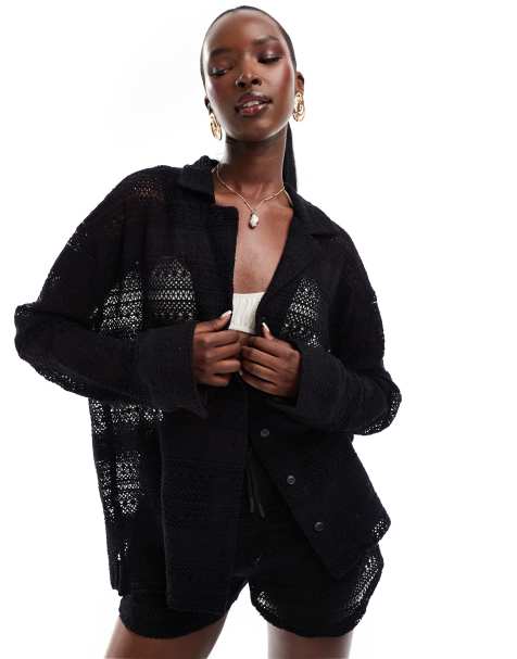 The Couture Club crochet textured shirt in black (part of a set) - view 1