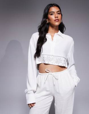 The Couture Club cropped shirt in off white with palm embroidery - view 1