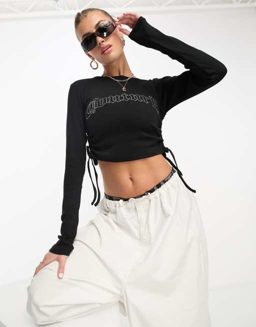 The Couture Club cropped top with diamante logo in black (part of a set)