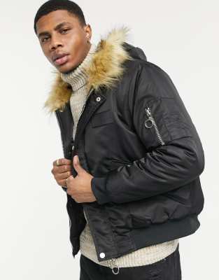 The Couture Club dakota faux fur hooded bomber jacket-Black