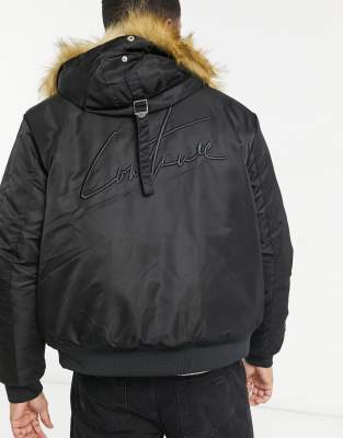 black fur hooded bomber jacket