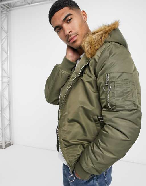 Faux Fur Lined Zip Hood Bomber Jacket