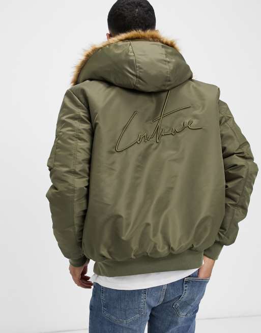 The Couture Club Dakota faux fur lined bomber jacket in khaki | ASOS