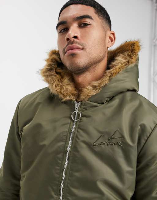 The Couture Club Dakota faux fur lined bomber jacket in khaki | ASOS
