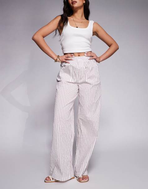 The Couture Club wide leg double layer stripe trouser in beige and burgundy
