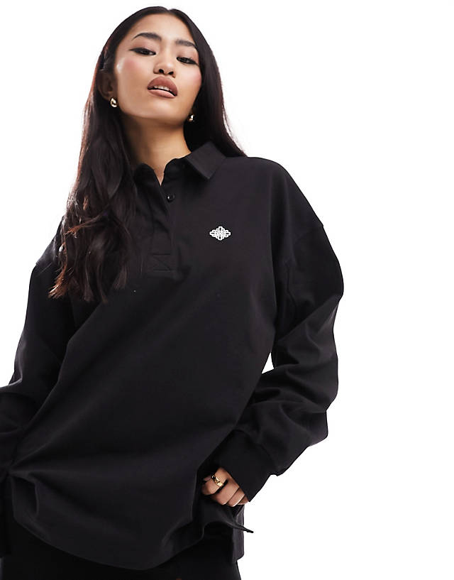 The Couture Club - emblem waffle polo top in black