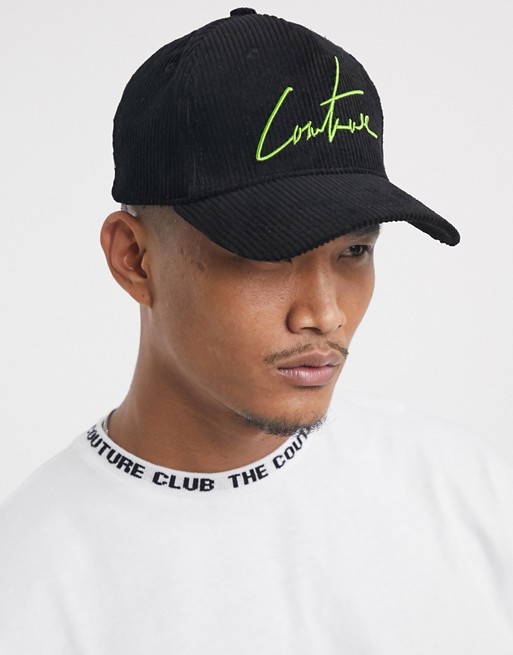 The Couture Club embroidered logo cap in black cord with lime logo