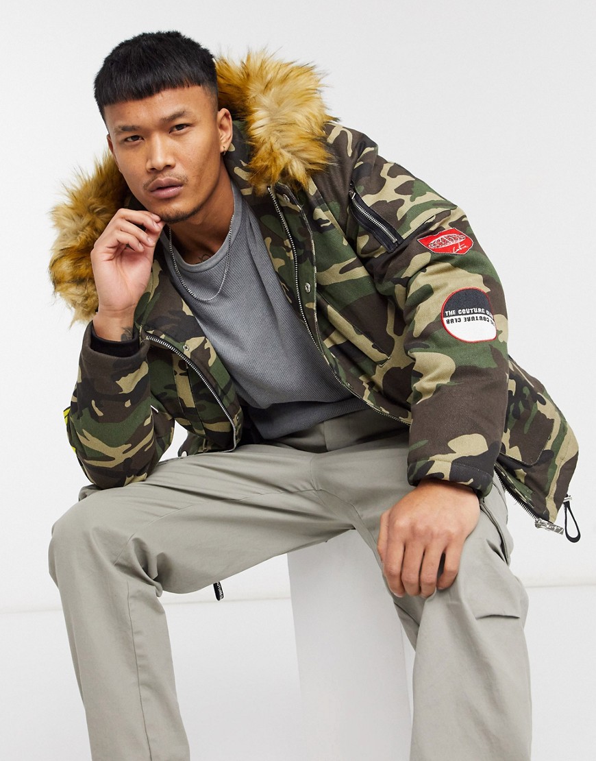 The Couture Club faux fur hooded parka coat with badges in camo print-Multi