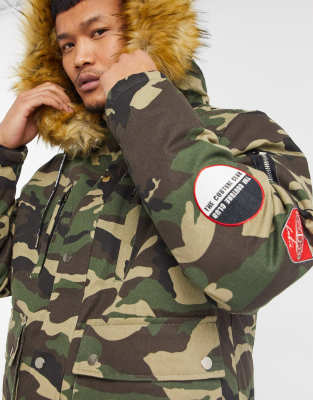 mens camo coat with fur hood