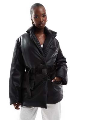 The Couture Club The Couture Club faux leather padded blazer coat in black