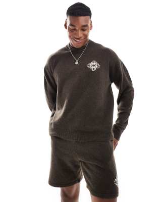 The Couture Club - Felpa girocollo marrone in maglia con emblema in coordinato