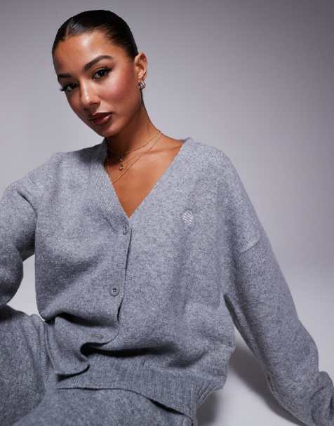 The Couture Club fluffy knit emblem cardigan in grey marl (part of a set) - view 1