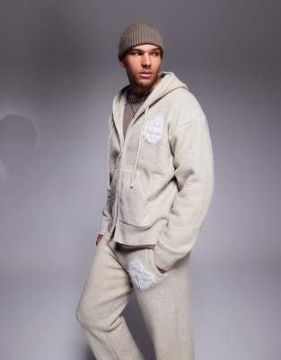 fluffy knit emblem zip through hoodie in beige - part of a set-Neutral