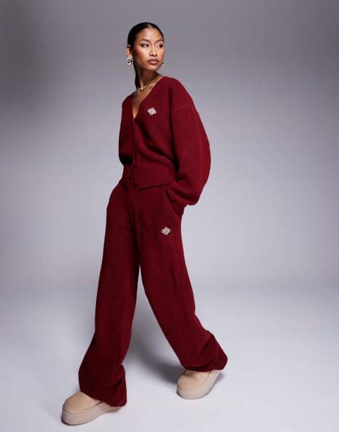 The Couture Club - Gebreide pluizige joggingbroek in bordeauxrood, deel van co-ord set - view 1