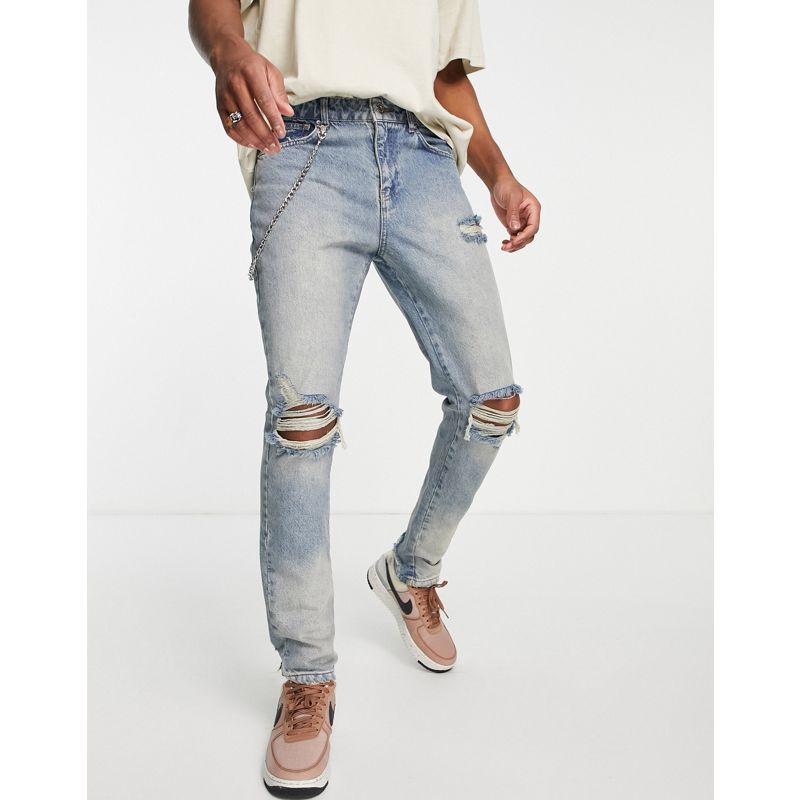 Jeans Uomo The Couture Club - Jeans comodi lavaggio medio blu con strappi sulle ginocchia e catenina