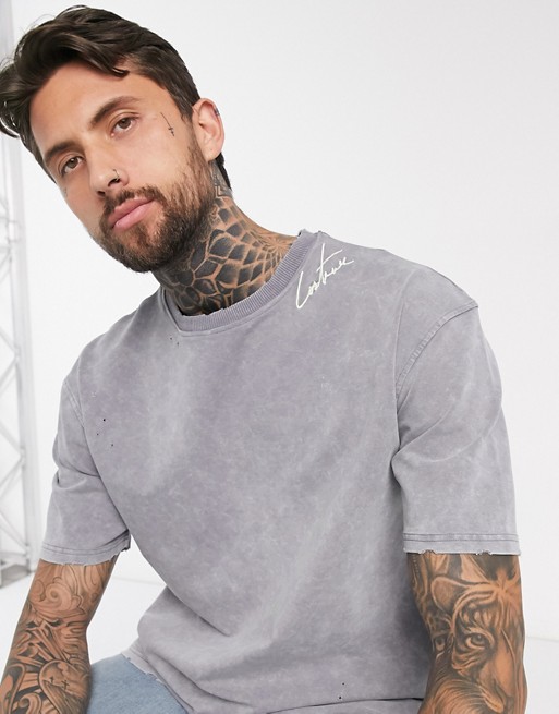 The Couture Club light acid wash box t-shirt in grey