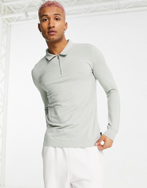 The Couture Club long sleeve viscose polo shirt in silver khaki