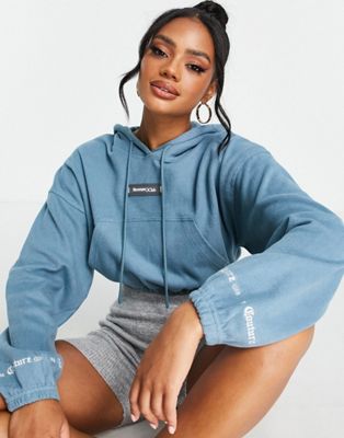 The Couture Club lounge gothic ribbed crop hoodie in blue (part of a set) - ASOS Price Checker
