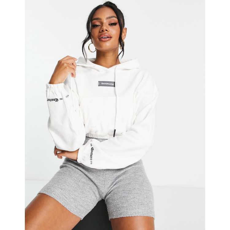 The Couture Club lounge gothic ribbed crop hoody in white co-ord