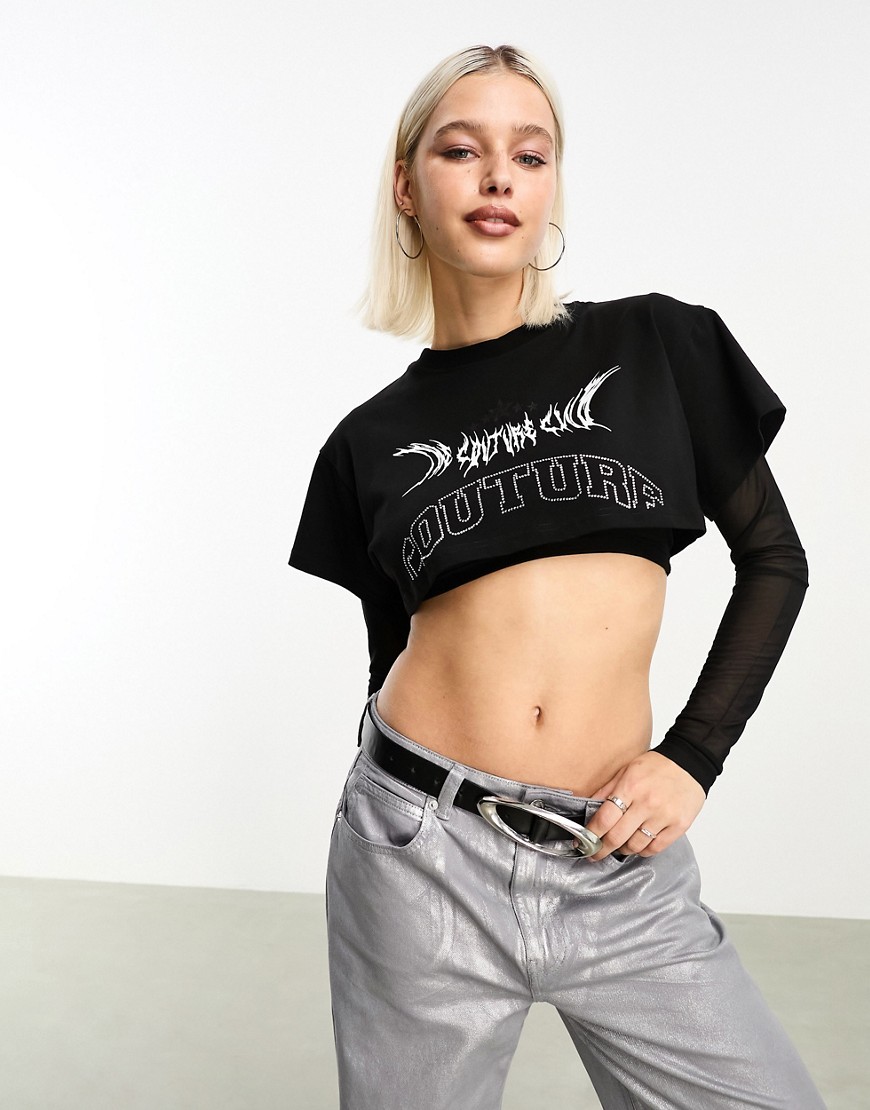 The Couture Club mesh layered crop t-shirt in black