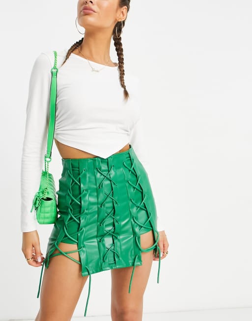 The Couture Club - Mini rok met leerlook en veters in groen