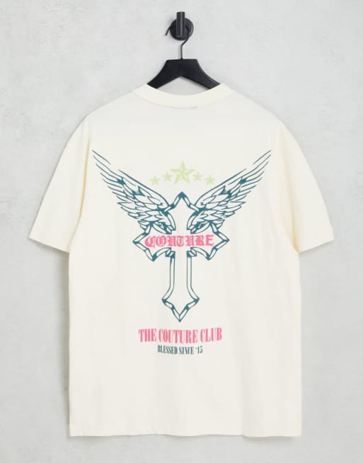 The Couture Club – Naturvit t-shirt i oversize med gotiskt korstryck