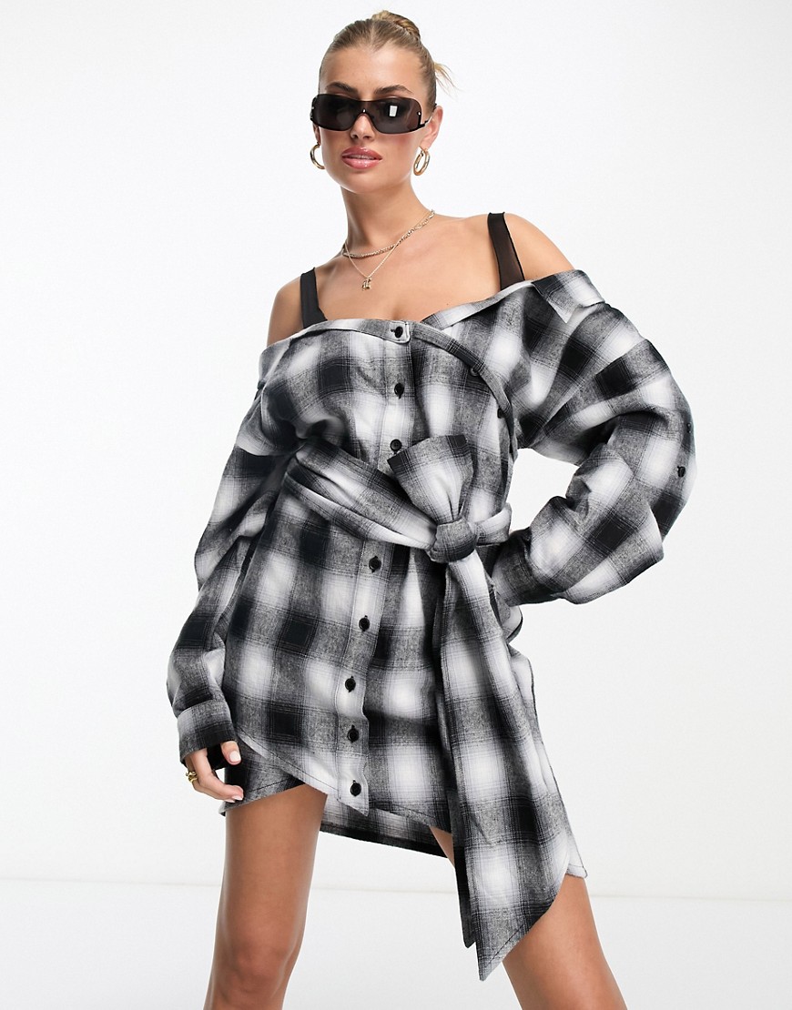 The Couture Club off shoulder button front dress in black check