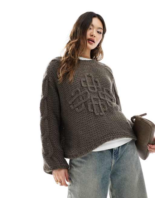 The Couture Club open stitch emblem jumper in brown