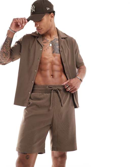 The Couture Club - Overhemd met korte mouwen en geribbelde textuur in bruin, deel van co-ord set