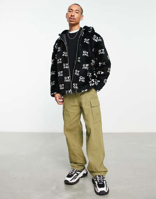 The Couture Club – Oversize-Jacke mit Kunstpelzkapuze in Schwarz und CTRE-All-over-Print