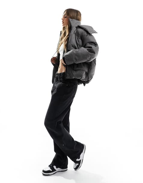 The Couture Club oversized cropped puffer jacket in gray with tie hem - view 1