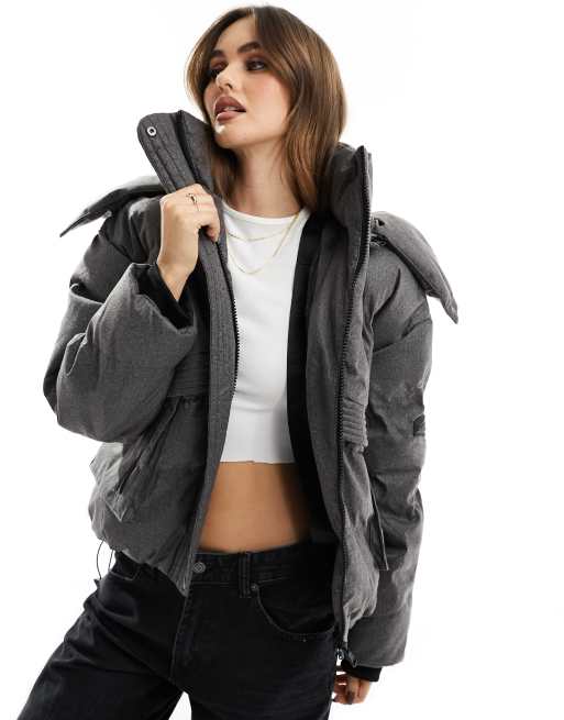 The Couture Club oversized cropped puffer jacket in gray with tie
