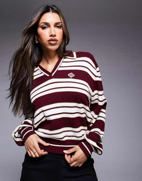 The Couture Club - Oversized gestreept gebreid poloshirt in bordeauxrood en gebroken wit - view 1