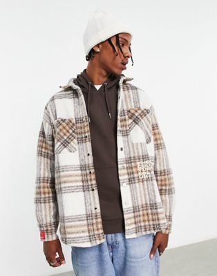 The Couture Club oversized heavyweight shacket in beige and white brushed check