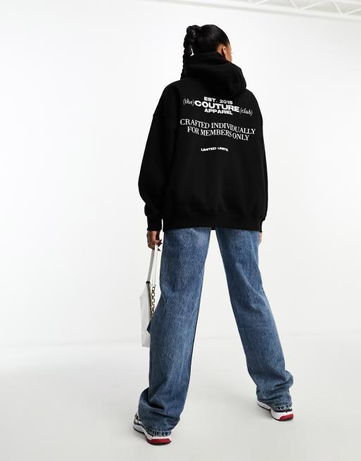 The Couture Club oversized hoodie in black with chest badging and back print part of a set