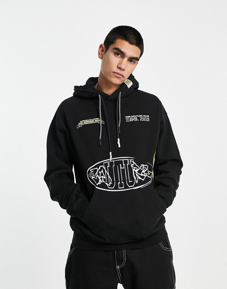 The Couture Club Oversized Hoodie In Washed Black With Placement Neon Prints