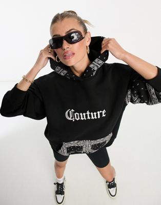 The Couture Club oversized hoodie with pasiley print hood in black