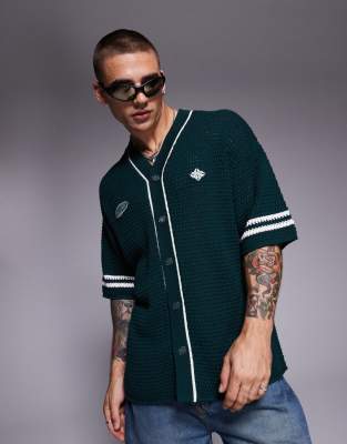 oversized knit baseball jersey in forest green