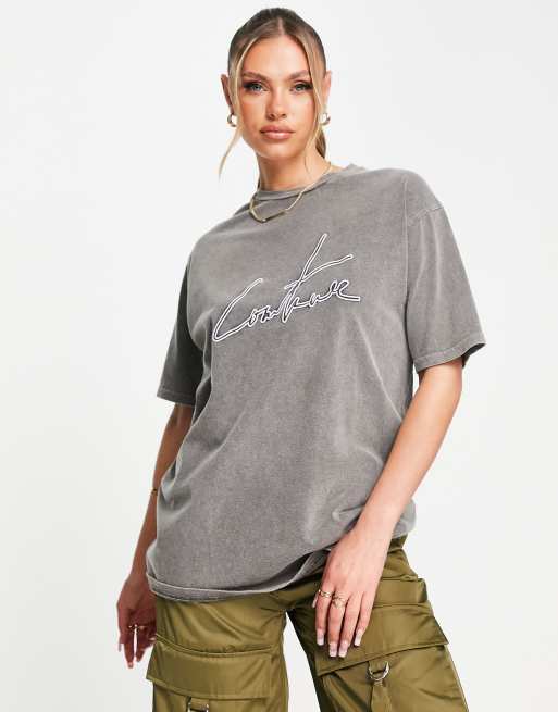 The Couture Club oversized logo t-shirt in grey acid wash | ASOS