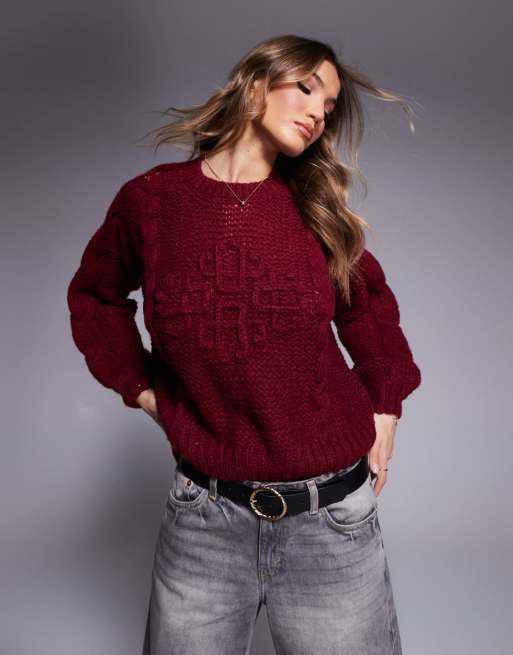 The Couture Club oversized plaited emblem logo knitted sweater in burgundy