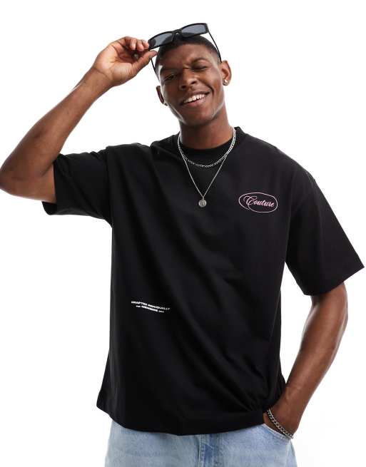 The Couture Club oversized script multi-graphic back print t-shirt in black