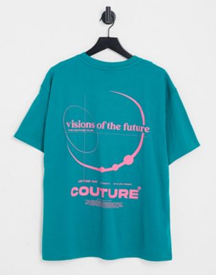 The Couture Club oversized t-shirt in teal with futuristic placement print - ASOS Price Checker