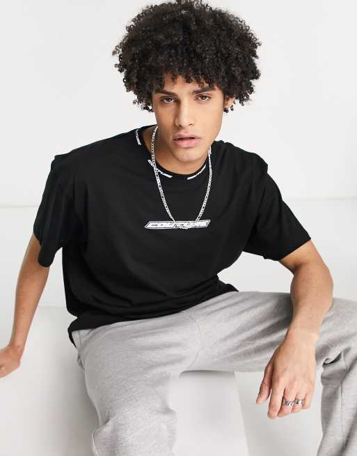 The Couture Club - Oversized T-shirt med jacquard-vævet, ribstrikket hals og logoprint i racer-stil i sort